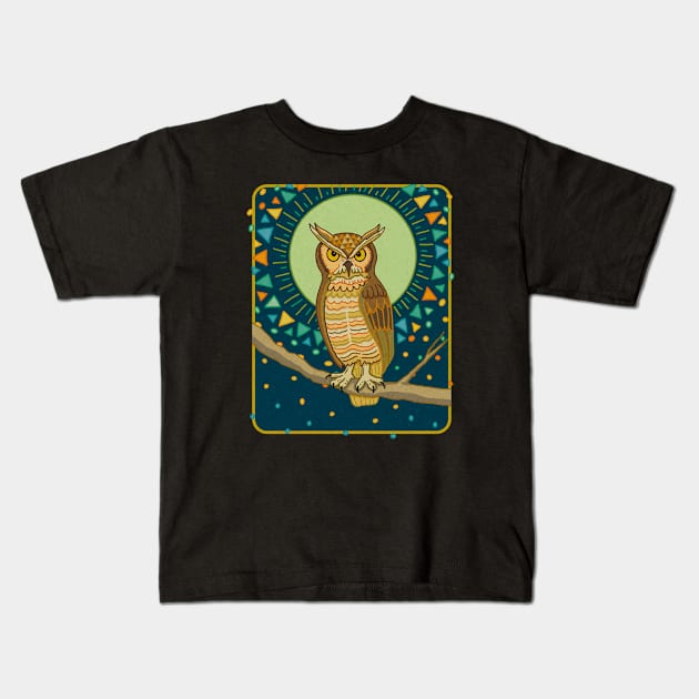 MID CENTURY GOTHIC Great Horned Owl Kids T-Shirt by rorabeenie